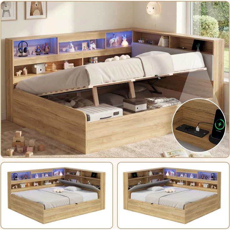 Merax Kinderbett 140x200 cm, Holzbett, Jugendbett, Daybett, Hydraulisches Stauraumbett, mit USB-Ladestation und LED-Beleuchtung, Naturfarbe – Bild 2