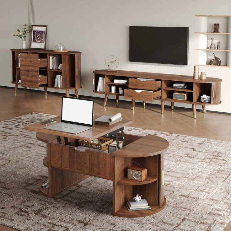3-teiliges Wohnzimmerset 175cm×38cm×45cm – Couchtisch mit Hubplatte, TV-Schrank und Sideboard in Nussbaum – Bild 4
