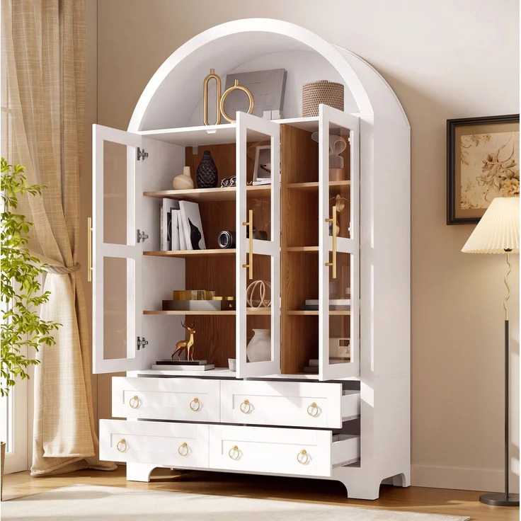DESVIAE Sideboard Weiß aus MDF/Spanplatte – 110x185x40 cm – 3 Glastüren, 4 Schubladen – Bild 6