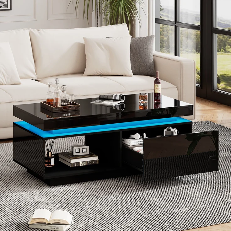 Couchtisch 100x50x40,3 cm mit LED-Beleuchtung und Schublade in Hochglanz-Schwarz – Bild 2