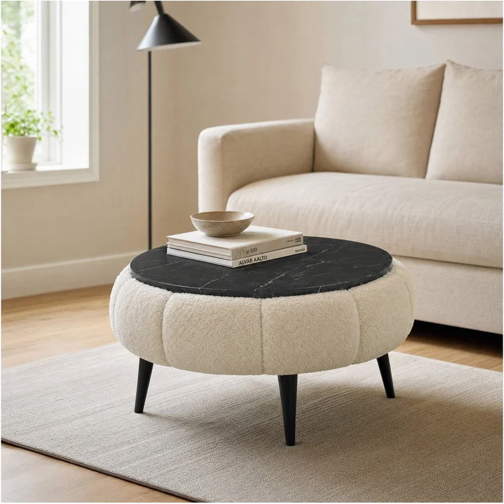 Skye Decor Papatya Couchtisch 60, runde Tischplatte in Creme/Schwarzem Marmor, 44 cm hoch, Beine aus 100% Eschenholz