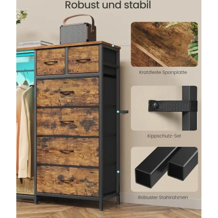 SONGMICS Kommode mit 6 Stoff Schubladen und Kleiderstange, mit LED-Beleuchtung und Steckdosen, Kleiderstange und Schuhablage, 102,7 x 35 x 117,6 cm, für Schlafzimmer, Rustikales Braun LGS523K102 – Bild 6