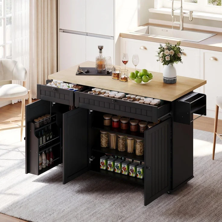 Merax Kücheninsel mit klappbarer Arbeitsplatte, Küchenschrank auf 6 feststellbaren Rollen, mit Ablage, Türregal, 2 großen Schubladen und Schrank, Schwarz, 137 x 89,5 x 45 cm – Bild 1