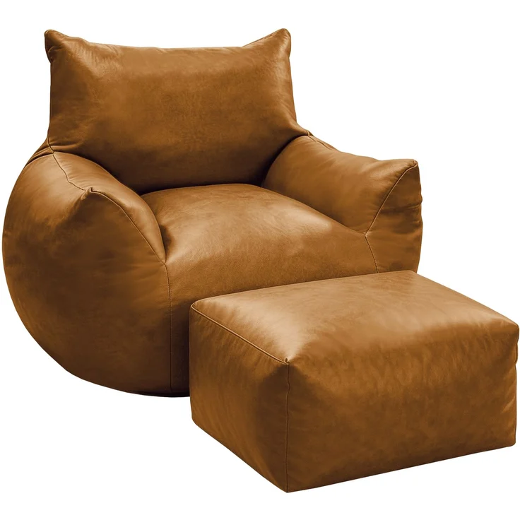 Doppel-Sitzsack mit Fußhocker, weicher Loungesitz mit Memory-Schaumflocken ohne Montage für Wohn- und Schlafzimmer, Braun – Bild 9