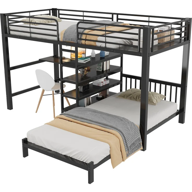 Zwei Schlafplätze,Hochbett,Eisenrahmen,90 x 200 cm,Schreibtisch,Doppelsteckdose mit USB- und Type-C-Schnittstelle,3 mehreren Regalen,Kopfteil-Ablage,EN747zertifiziert,Ohne Matratze,Schwarz – Bild 7