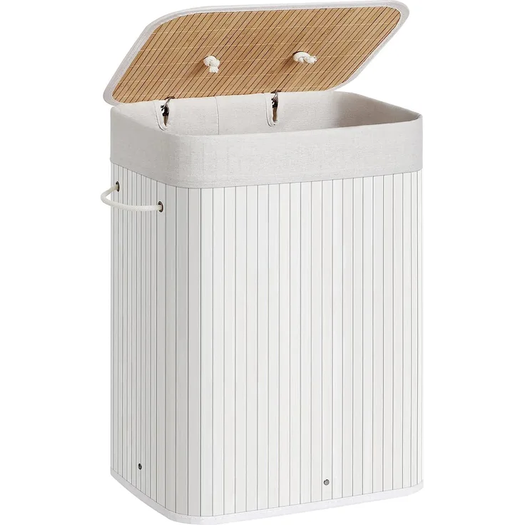 Songmics 72 L Wäschekorb, Wäschebox mit Deckel, Wäschesammler aus Bambus, mit Griffen，3 Fächern, faltbar, Baumwolle Wäschesack in der Maschine waschbar，Waschküche， weiß