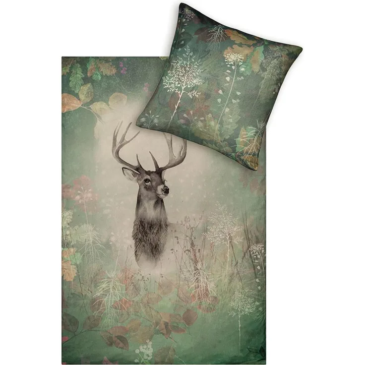 Estella Kuschel Flanell Bettwäsche 155x220 Wilbur moos grün Hirsch Herbst 4444-500