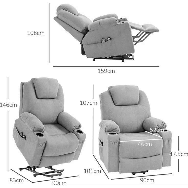 Wohnora-Massagesessel Aufstehhilfe Seniorensessel, 8 Vibrationspunkte, 2 Seitentaschen, Getränkehalter, 90 x 101 x 107 cm, Grau,H 1070cm x T 1010cm x B 900cm,Hellgrau – Bild 4