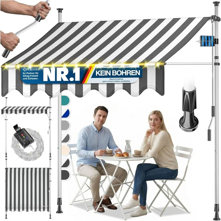 KESSER® Klemmmarkise mit Handkurbel & LED Lichterkette | Balkonmarkise ohne Bohren | Markise UV-beständig höhenverstellbar & wasserabweisend | Sonnenschutz für Balkon Terrasse & Garten Weiß / Grau, 400cm – Bild 1