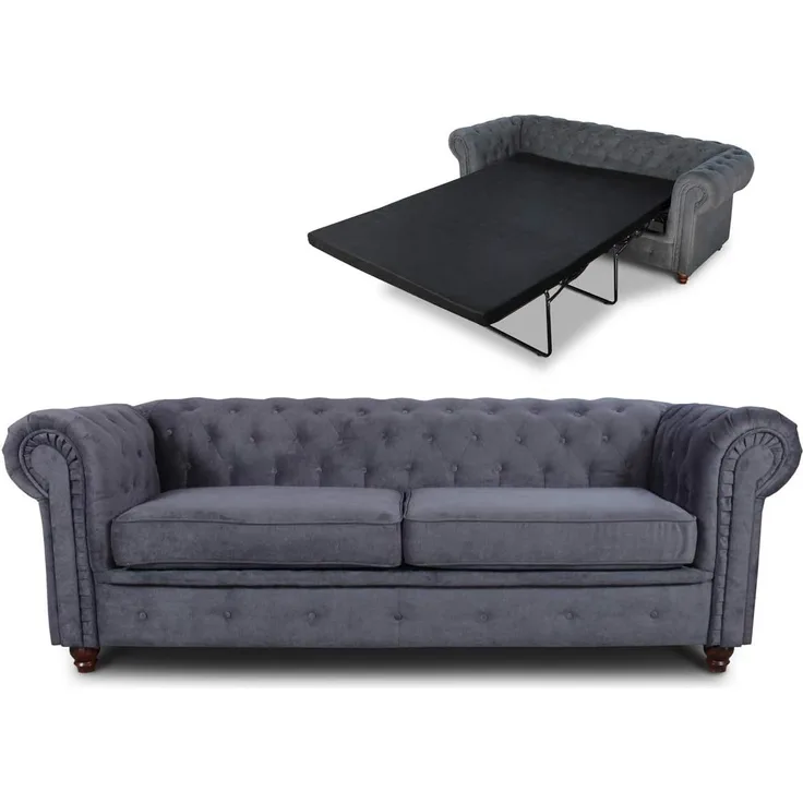 Schlafsofa Chesterfield Asti Bis 3-Sitzer, Sofa mit Schlaffunktion, Couch 3-er, Couchgarnitur, Sofagarnitur, Holzfüße, Polstersofa (Graphit (Capri 16))