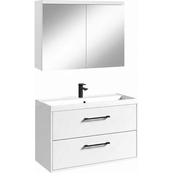 Badplaats Badmöbel Florence 80 x 40 cm - Matt Weiß - mit Waschbecken und Spiegelschrank – Bild 1