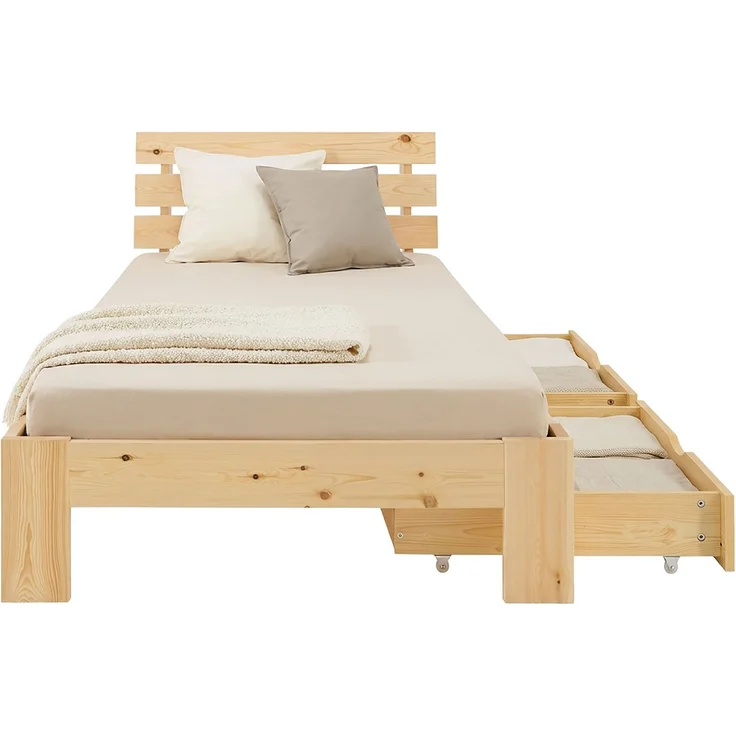 Holzbett 90x200 mit Matratze 2 Bettkästen Bett Natur Holzbett Bettgestell Futonbett Jugendbett Einzelbett – Bild 10