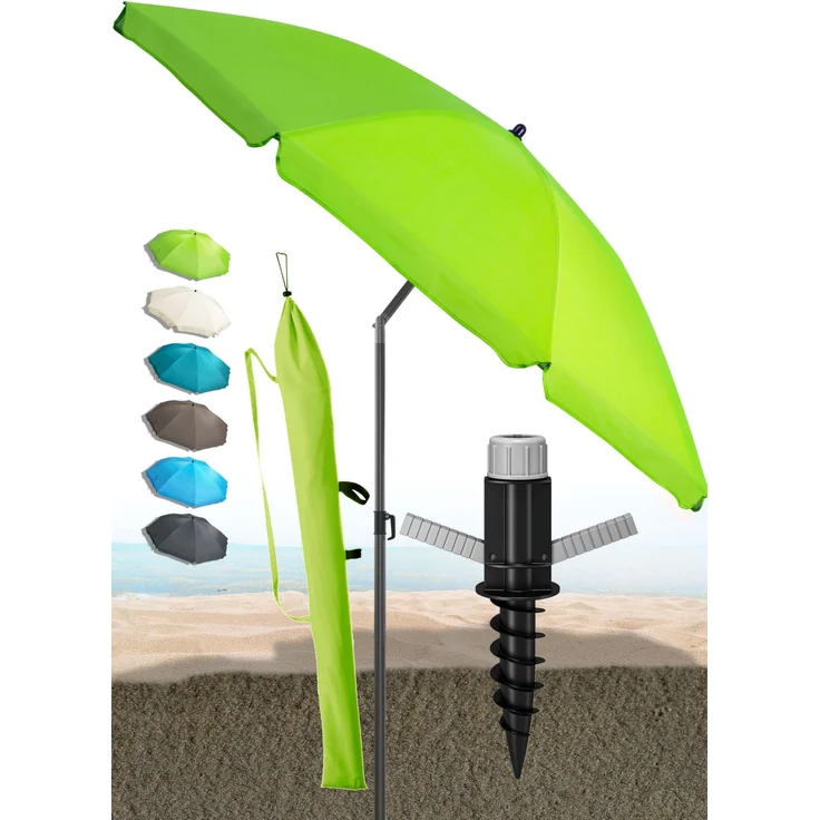 Menz Sonnenschirm Strand in Grün - Komplettes 3er-Set inkl. robustem Sonnenschirm + solider Bodenhülse + langlebiger Schutzhülle, Strandschirm windfest stabil, Strandschirm mit UV50+ Schutz