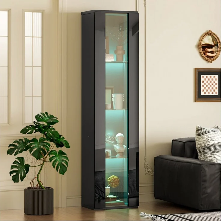STILVORA Vitrine Hochschrank mit Glastrennwand&LED,Highboard mit Acrylplatte,Schwarz (Multifunktionale Glasvitrine 40 x 29 x 170 cm mit LED-Farbwechsellicht, Fernbedienung/App-Steuerung, Glastrennwand und Acrylplatte, 1-St, 1er Set) LED-Farbwechsellicht – Bild 2
