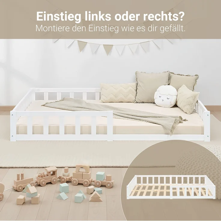 Kinderbett 120x200 mit Matratze Bodenbett mit Rausfallschutz Montessori Bett Kleinkindbett Holz Massiv Weiß Einzelbett Lattenrost – Bild 8