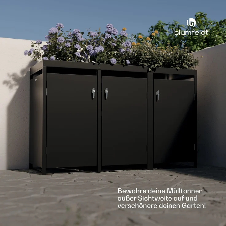 Blumfeldt BinSafe Mülltonnenbox – Wetterfest, Verzinkter Stahl, 3 Türen, Pflanzendach, Für 60L/120L/240L Mülltonnen, Modernes Design, Mülltonnenverkleidung 3 Tonnen – Bild 6