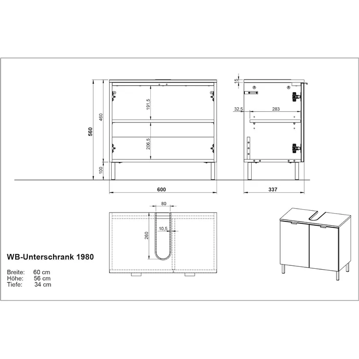 Germania Waschbeckenunterschrank GW-Arcena 1980-572, in Kaschmir, mit Metallfüßen, 60 x 56 x 34 cm (BxHxT) – Bild 3
