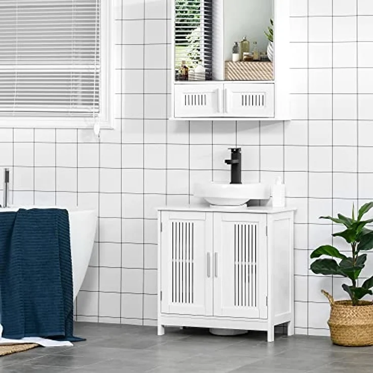 kleankin Waschtischunterschrank für Badezimmer – 2 geriffelte Türen mit verstellbarem Regal – Griffe aus Aluminiumlegierung – Maße: 60 x 30 x 60 cm (L x B x H) – MDF, weiß – Bild 2