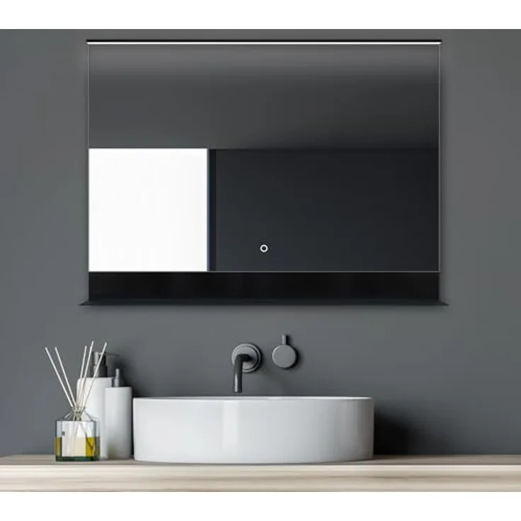 Talos Badspiegel Black Home, 80 x 60 cm mit energiesparender LED Beleuchtung, spritzwassergeschützt IP44 und praktischer Ablage