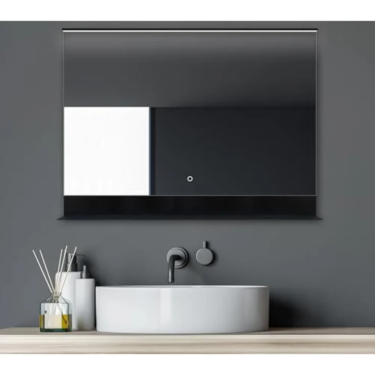 Talos Badspiegel Black Home, 80 x 60 cm mit energiesparender LED Beleuchtung, spritzwassergeschützt IP44 und praktischer Ablage – Bild 1