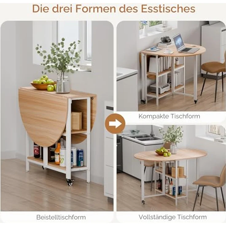 Mondeer Mobiler Klappbarer Esstisch, Klapptisch mit 2 Offenen Ablagen, Rundes Kanten Design, Kleine Räume Esszimmer Küche, 120 x 80 x 75 cm, Eiche und Weiß – Bild 4