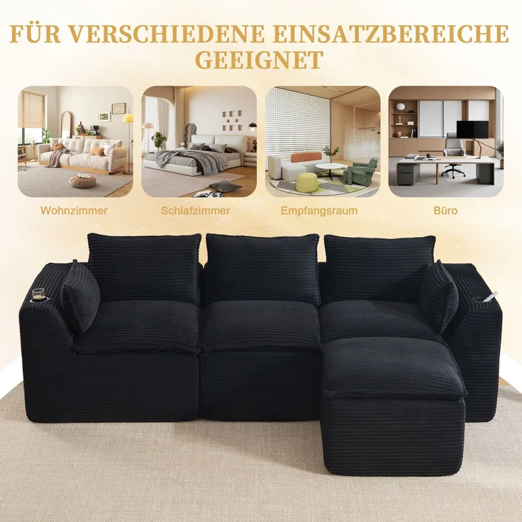 EINHOM Modulares 3-Sitzer-Sofa + Fußhocker, inklusive Kissen, Getränkehalter und 2 Seitentaschen. Mit einer Füllung aus Schaumstoff und Federkern. Ideal für Wohnzimmer und ähnliche Räume(schwarzer Cordstoff) – Bild 7