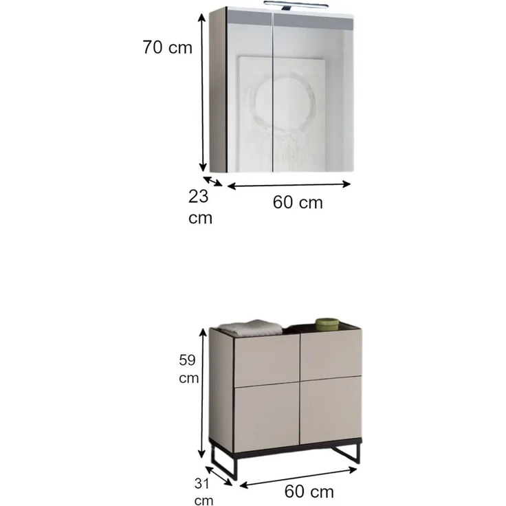 moebel-dich-auf Badmöbel-Set VENEZIA, (inklusive LED-Beleuchtung, kaschmir Spiegelschrank WBU optional mit Hoch-/Highboard), Metall Füße – Bild 2