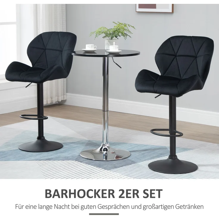 2er-Set Barhocker drehbare Barstühle mit Lehne höhenverstellbarer Bistrohocker Tresenhocker Samt Touch armloser Schaumstoff Schwarz 51,5x 57,5 ​​x 93-114,5 cm--Schwarz--93x57.5x51.5cm--YOUDENOVA – Bild 9