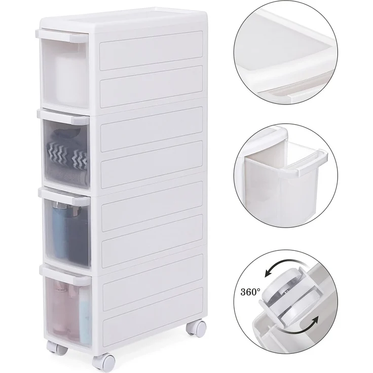 Songmics Rollwagen mit 4 Schubladen, Nischenregal mit 4 Ebenen, 2-teilig, separat benutzbar, Küchenregal, Badregal, Standregal, Allzweckwagen mit Rollen, 84,5 cm hoch, weiß KFR05W, 18 x 84,5 x 46 cm – Bild 6