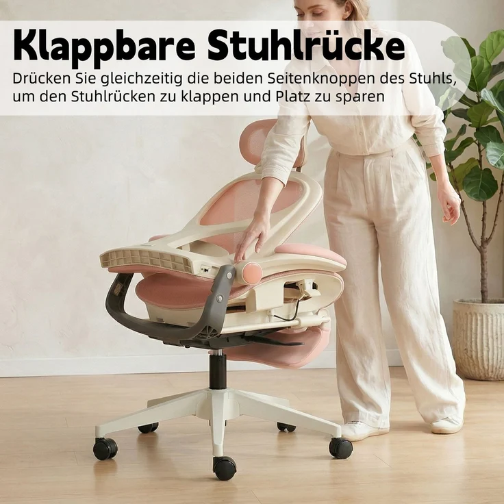 Klappbarer ergonomischer Bürostuhl, kleiner Platz-Klappstuhl mit Taillenstütze, Ganznetzschiebekissen, klappbare Armlehnen, 3D-Kopfstützen und Bürostuhl mit Arbeitspedalen,pink--Rosa--129x48.5x62cm--YOUDENOVA – Bild 4