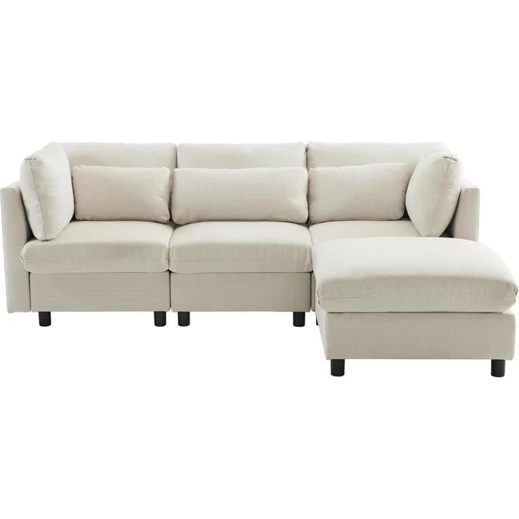 Ecksofa Fußhocker 220cm L Form 3 Sitzer Beige Ecksofa mit Fußhocker – Bild 8