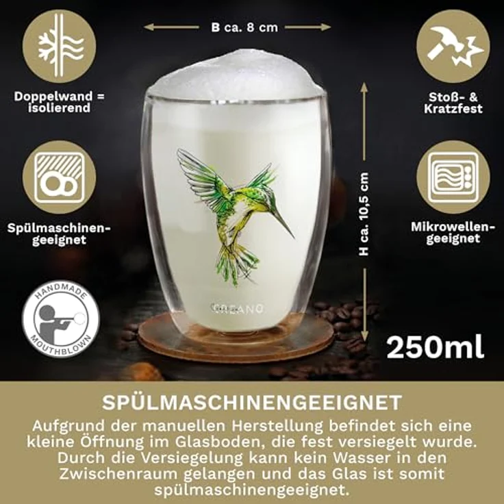 Creano Teeglas Tee-Glas, Latte Machiato, Thermobecher Kolibri Grün, 250ml, Borosilikatglas, 1x bedrucktes Glas – Bild 4