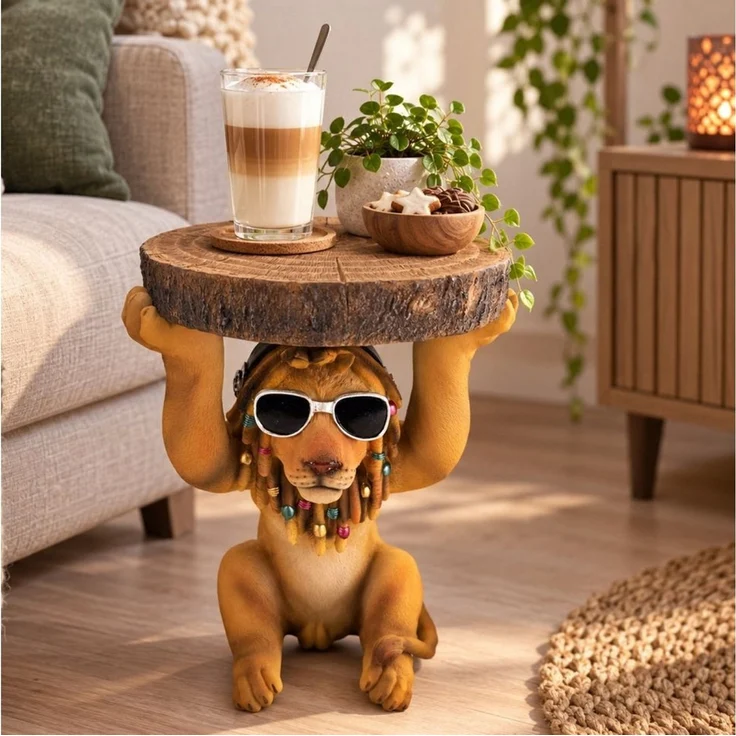 Online-Fuchs Beistelltisch Löwe mit runder Baumscheibe in Holz Optik - cooles modernes Design (in 2 verschiedenen Größen erhältlich, wetterfest), auch zu verwenden als Nachttisch, Gartentisch oder als Blumenerhöhung – Bild 1