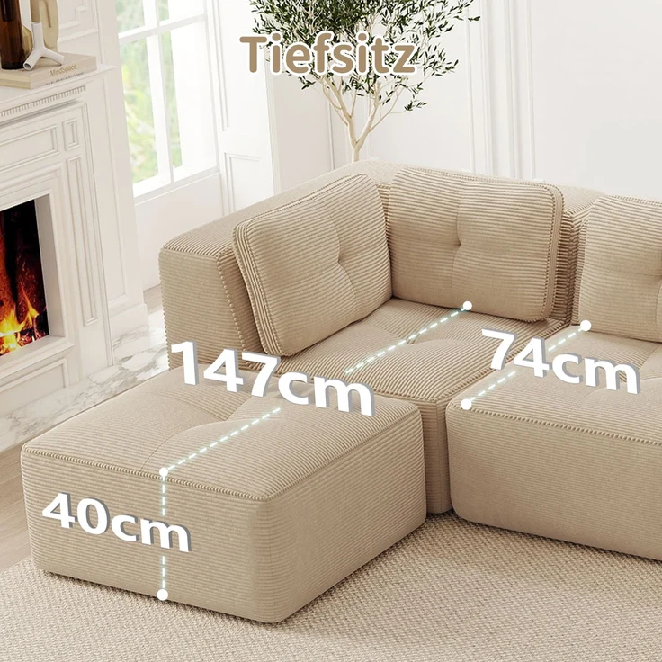 EINHOM Rahmenloses, U-förmiges Ecksofa, modulares Sektionssofa mit Ottomane, geeignet für das Wohnzimmer, dreisitziges Cord-Sofa mit tiefer Sitzfläche, keine Montage erforderlich, Beige – Bild 5