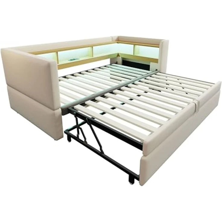 Ball & Cast Polsterbett Ausziehbares Schlafsofa 90/180 * 190cm, ausgestattet mit LED Leuchten, Steckdosen und vielen Ablagefächern, Polsterbett, Multifunktionsschlafsofa, Einzelbett, Beige – Bild 7