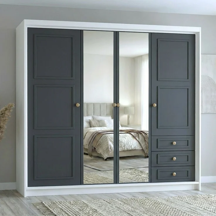 Drehtürenschrank OSLO viertüriger Kleiderschrank mit Schubladen und Metallgriffen – Bild 1