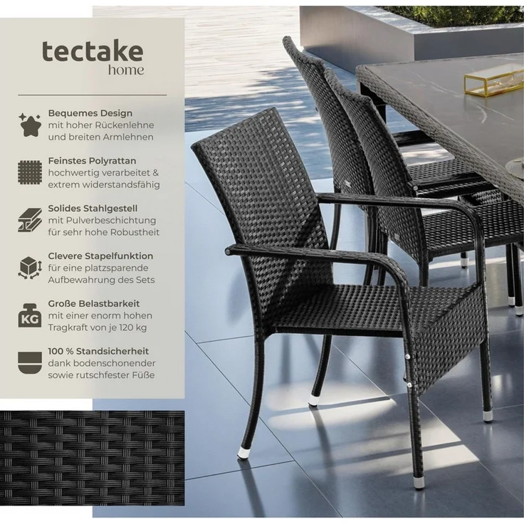 tectake Rattanstuhl Gartenstuhl Girona, stapelbar, Belastbarkeit 120 kg, 58 x 67 x 90 cm (Set, 6 St), Pulverbeschichtetes Stahlgestell für enorme Stabilität – Bild 1