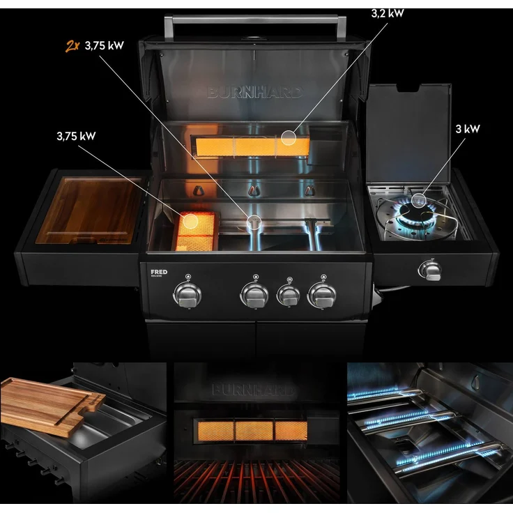 BURNHARD® Gasgrill 3-Brenner 2x Edelstahl-Stabbrenner à 3,75 kW, 1x Infrarot-Keramikbrenner à 3,75 kW, Seitenkochfeld, Edelstahlrost, Piezo-Zündung – FRED Deluxe - Schwarz - #947129 – Bild 2