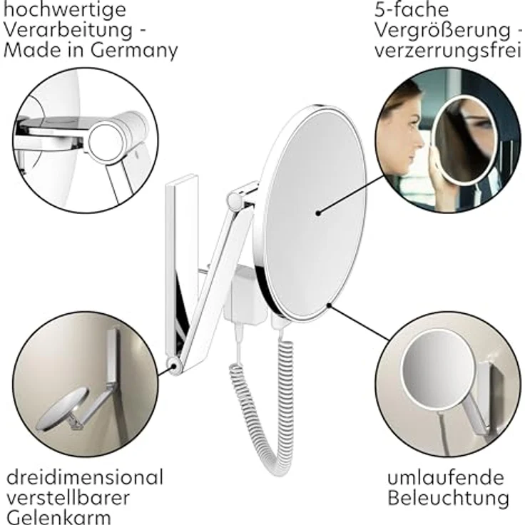 Keuco iLook_Move Kosmetikspiegel mit Beleuchtung, rund, Ø20 cm, 5-fache Vergrößerung, verchromt, Made in Germany, mit Steckernetzteil – Bild 4