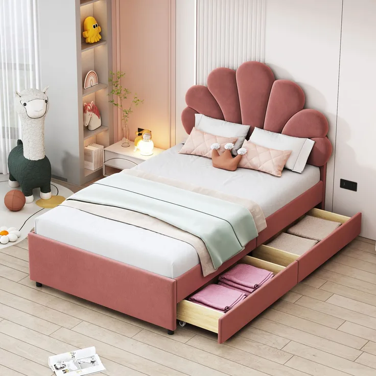 Polsterbett Kinderbett 90x200 cm, Bettrahmen mit geblümtem Kopfteil und Lattenrost, mit 2 Ablagefächern, Mädchenbett-Gästebett aus hautfreundlichem Samtstoff, Rosa