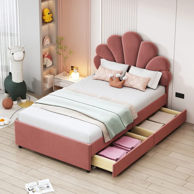 Polsterbett Kinderbett 90x200 cm, Bettrahmen mit geblümtem Kopfteil und Lattenrost, mit 2 Ablagefächern, Mädchenbett-Gästebett aus hautfreundlichem Samtstoff, Rosa – Bild 1