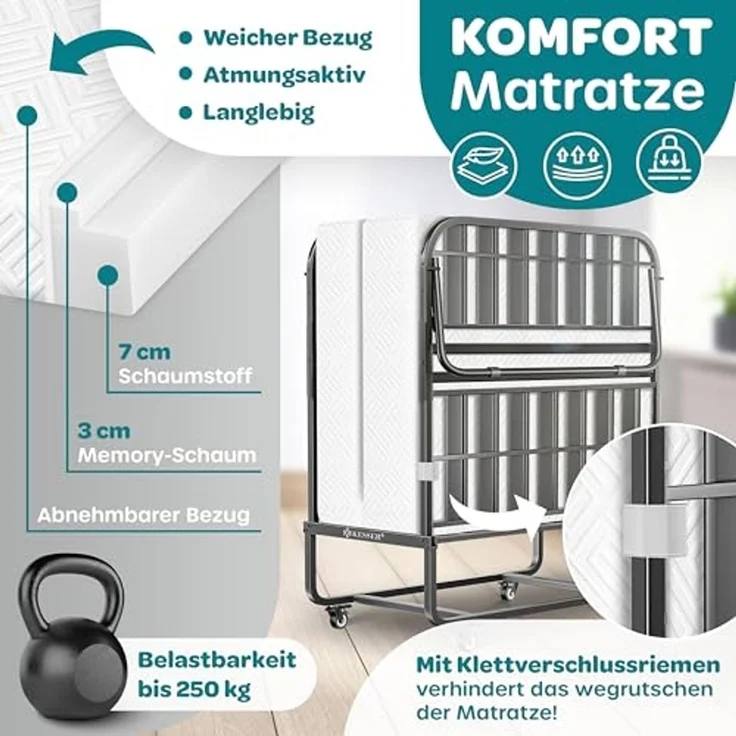 KESSER® Klappbett 200x90cm Gästebett inkl. Matratze aus Memory-Schaum & Rollen | faltbares Reisebett mit Metallrahmen für Erwachsene belastbar bis 250kg | Metallbett mit Schaumstoffmatratze & Cover Weiß, Premium Komfort – Bild 5
