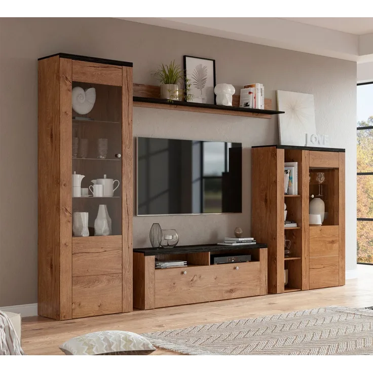 Home affaire Wohnwand Larona, Anbauwand, Set 4 Teilig, (Set, 4-St), bestehend aus 1 TV-Board, 1 Highboard, 1 Vitrine, 1 Wandregal