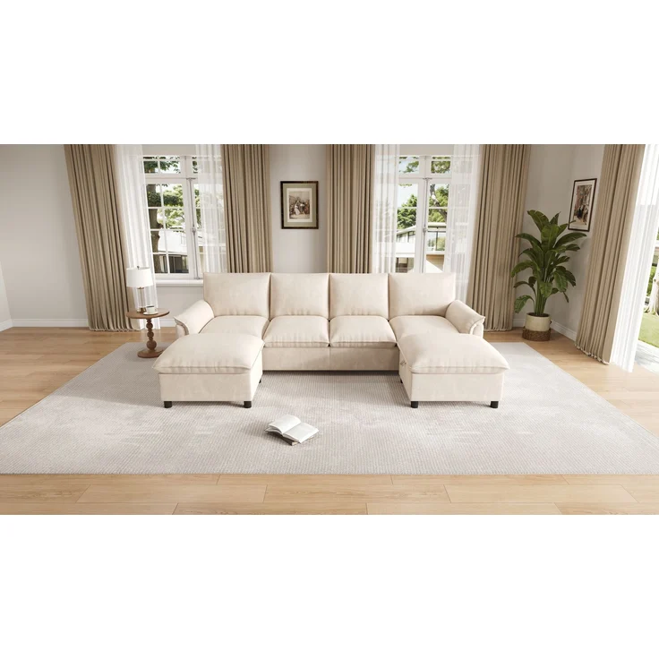 ZUBALIYA Modulare Wohnlandschaft, mit Stauraum, modular kombinierbar, mit Hocker, H 84 × T 142.5 × B 264.5 cm, Beige, Chenille – Bild 15