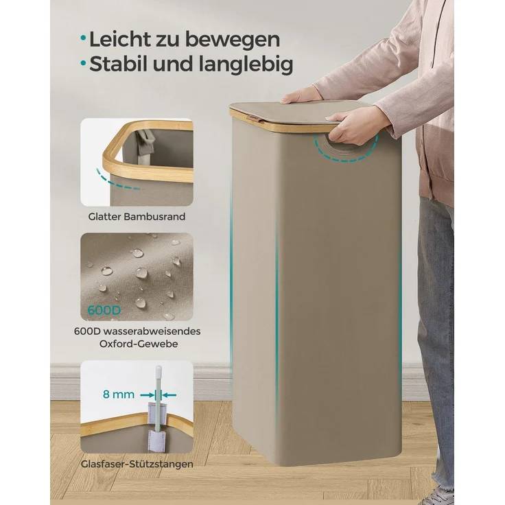 SONGMICS Wäschekorb mit Deckel und herausnehmbarem Wäschesack, zusammenklappbar, Bambus / Oxford-Gewebe kamelbraun, 90 l – Bild 3
