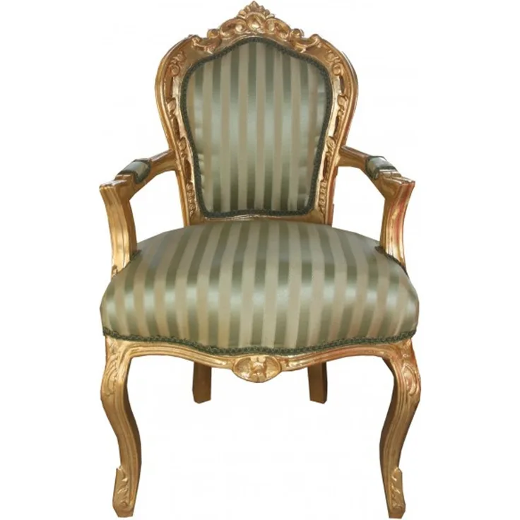 Casa Padrino Barock Esszimmer Stuhl Grün / Creme Streifen / Gold mit Armlehnen - Antik Möbel