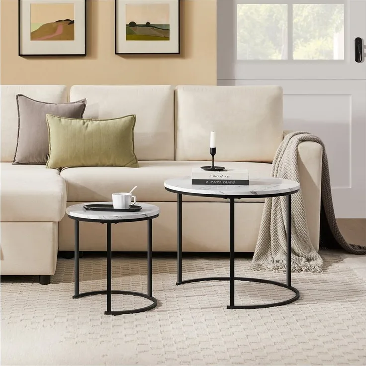 Yaheetech Couchtisch, 2er Set Beistelltisch Sofatisch mit Runder Tischplatte & Metallgestell