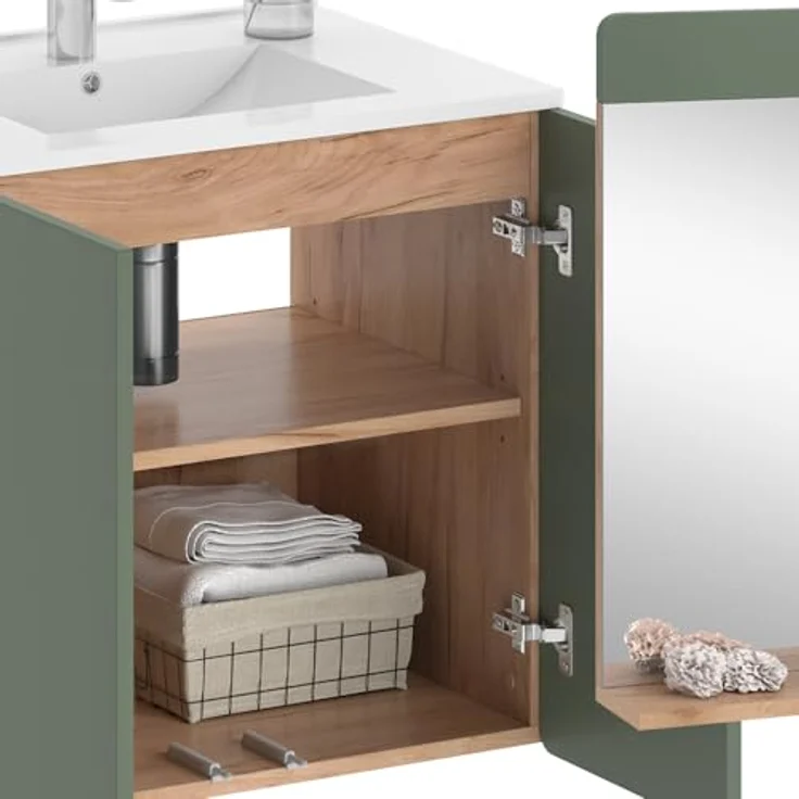 Vichy Badmöbel-Set Izan, 3 Teile in Goldkraft Eiche/Grün mit Spiegelschrank und Beleuchtung – Bild 5