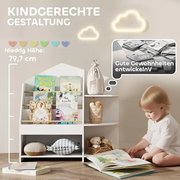 AIYAPLAY Kinderregal mit 7 Regalen, Bücherregal aus Holz 1-tlg, für Kinderzimmer, Spielzimmer, Weiß – Bild 5