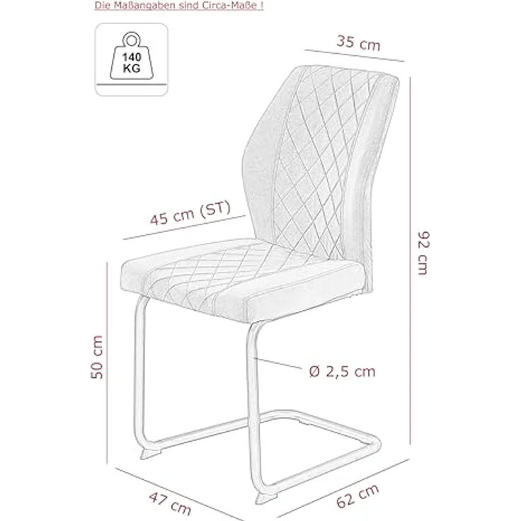 Hela Tische, 2er Set Freischwinger Küchenstuhl Oslo, Bezug Velvet/Samt Dunkelgrau, Rundrohr-Metall-Gestell Schwarz, Rautensteppung, 140kg belastbar – Bild 3
